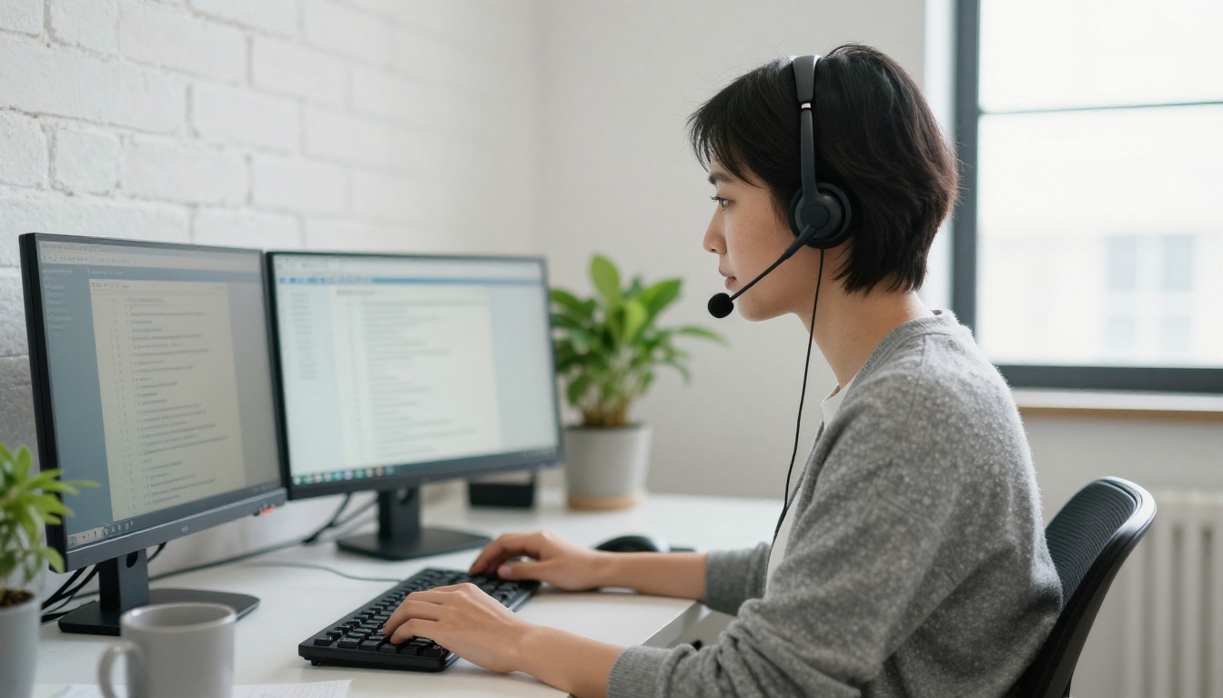 Support representative with a headset working through a ticket queue