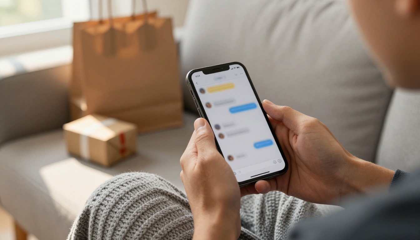 Customer reading a store's chat reply on a smartphone at home