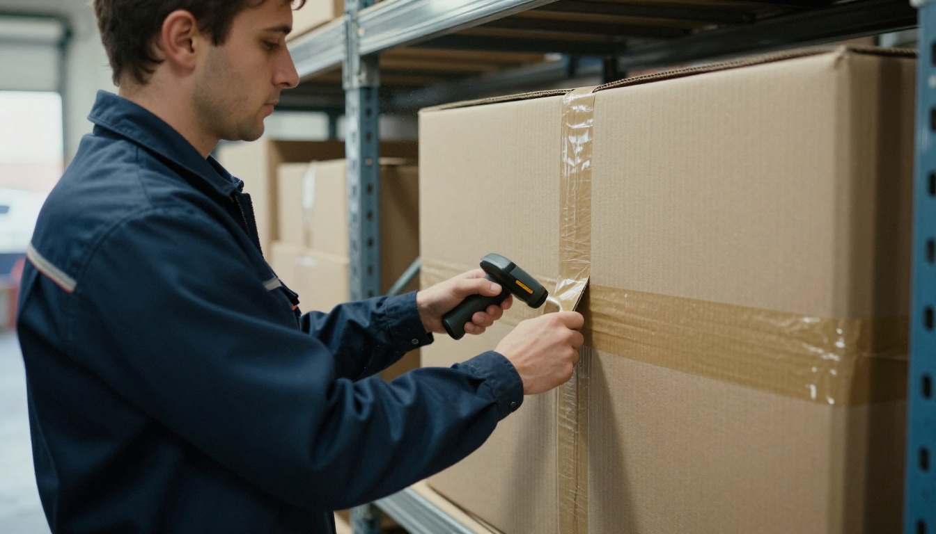 Warehouse worker scanning a parcel at a packing station