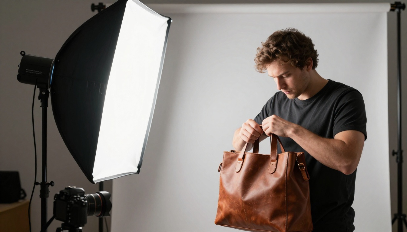 Photographer arranging a leather tote bag in a small product photo studio