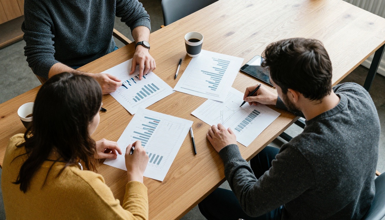 Two colleagues reviewing printed sales charts around a wooden table
