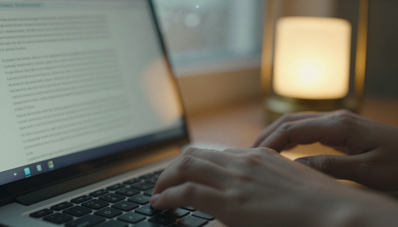 Hands typing instructions on a laptop beside a warm desk lamp at dusk