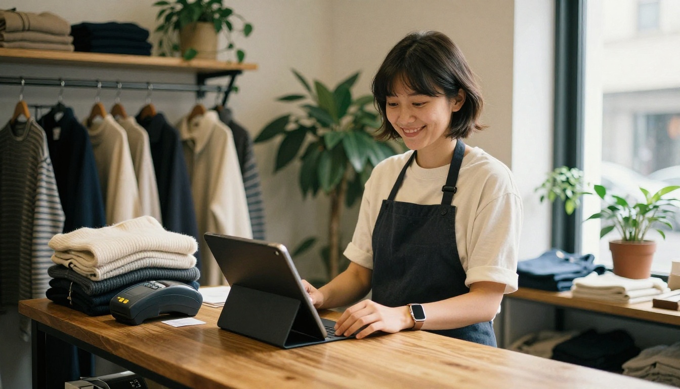 Boutique owner smiling at a tablet behind a wooden shop counter