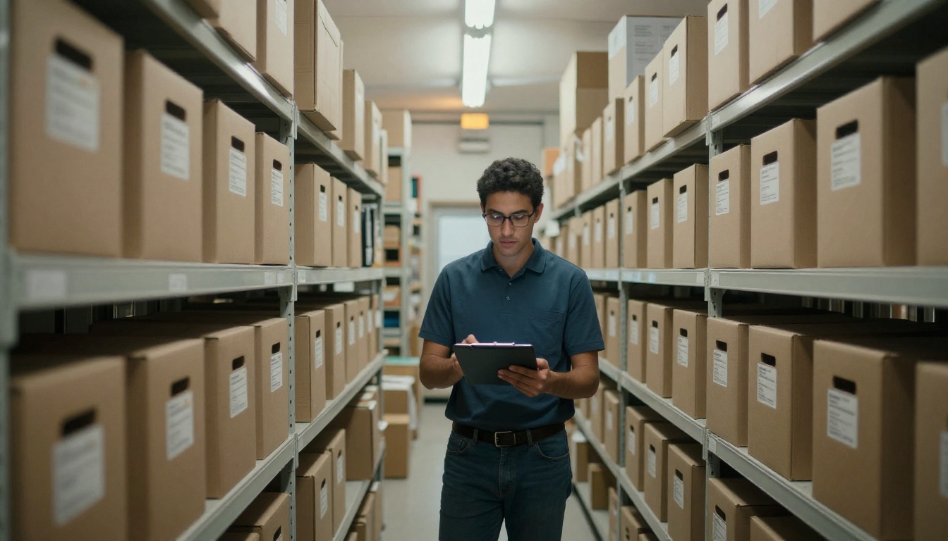 Inventory manager holding a tablet between tall stockroom shelves