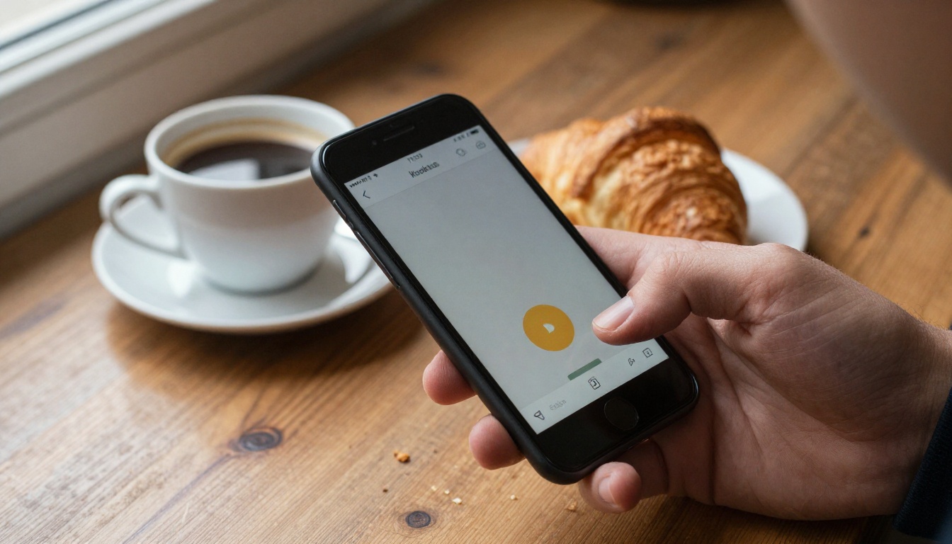 Hand holding a phone over a breakfast table during a morning login routine