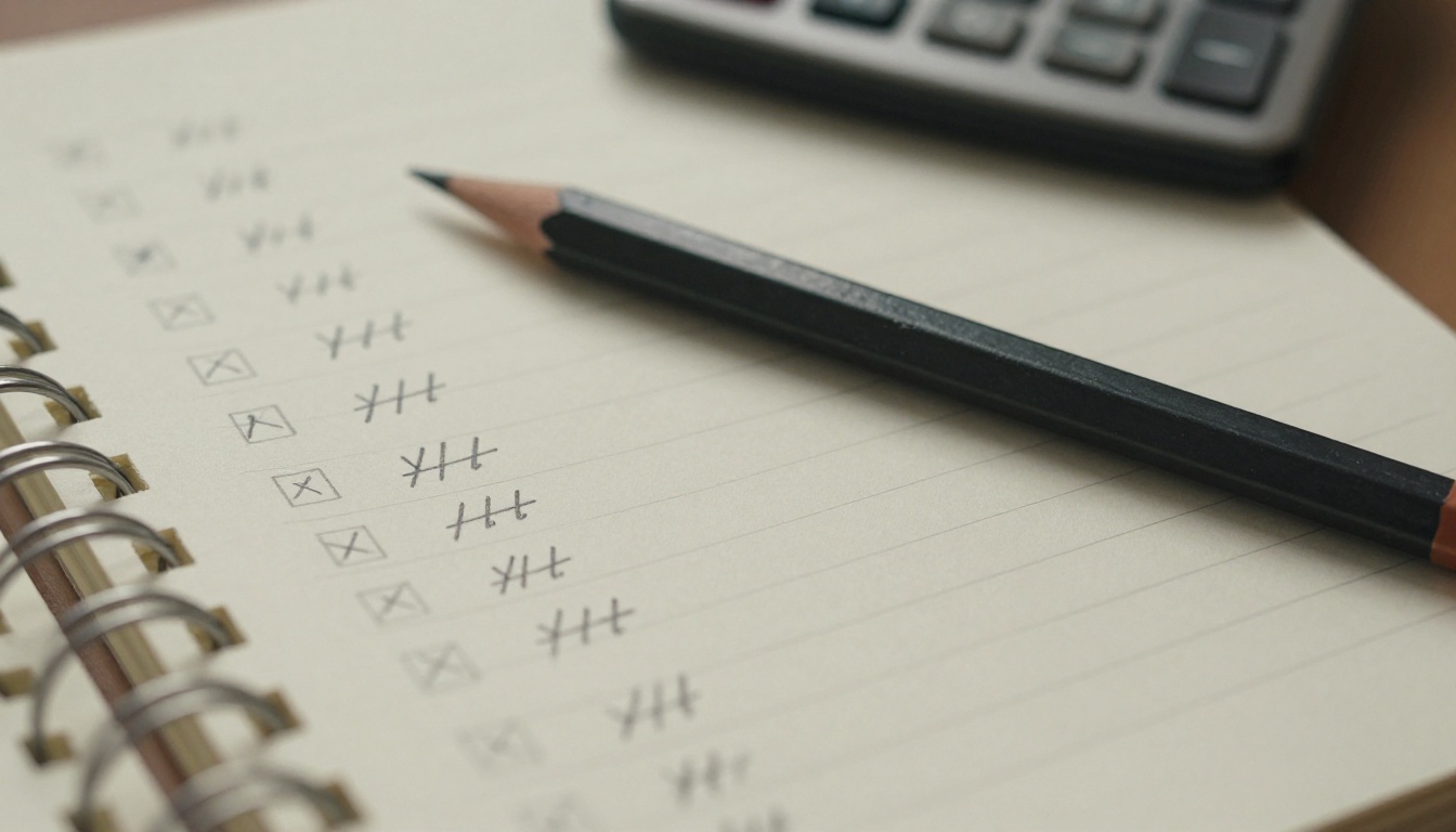 Spiral notebook page filled with tally marks and a pencil, tracking daily credit spending