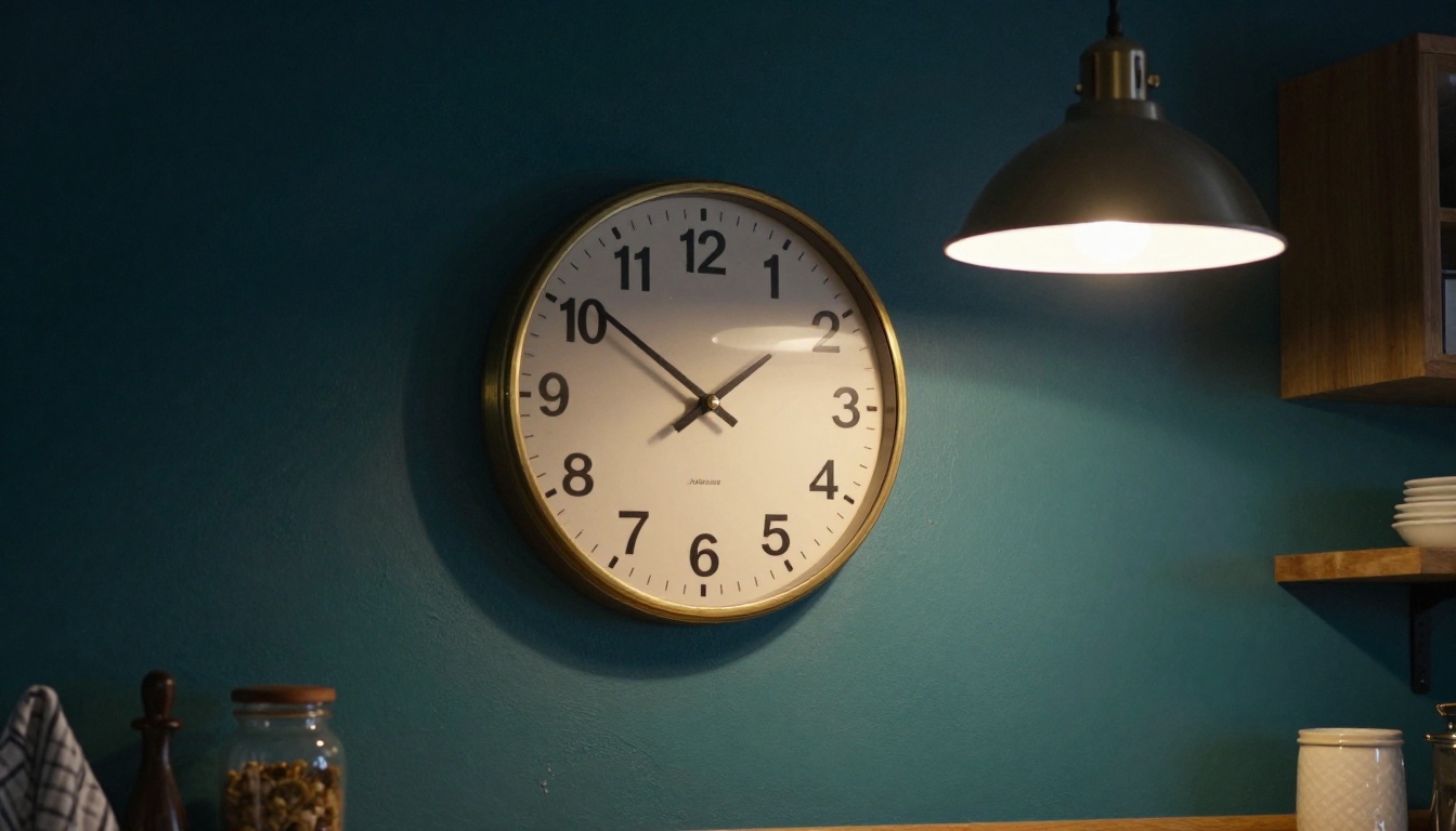 Analog wall clock pointing to midnight in a dark kitchen, the moment daily credits reset