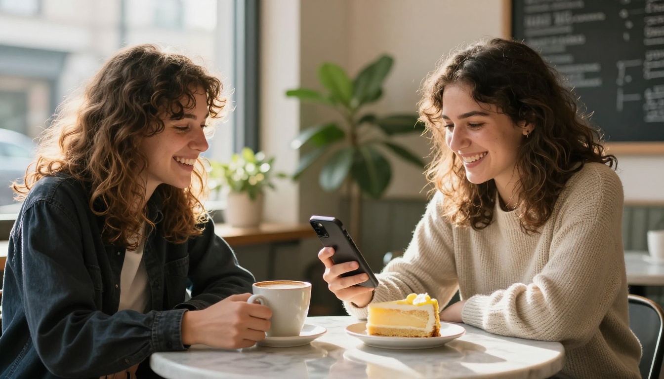 Two friends laughing at a café table while sharing a phone, passing along an invite link