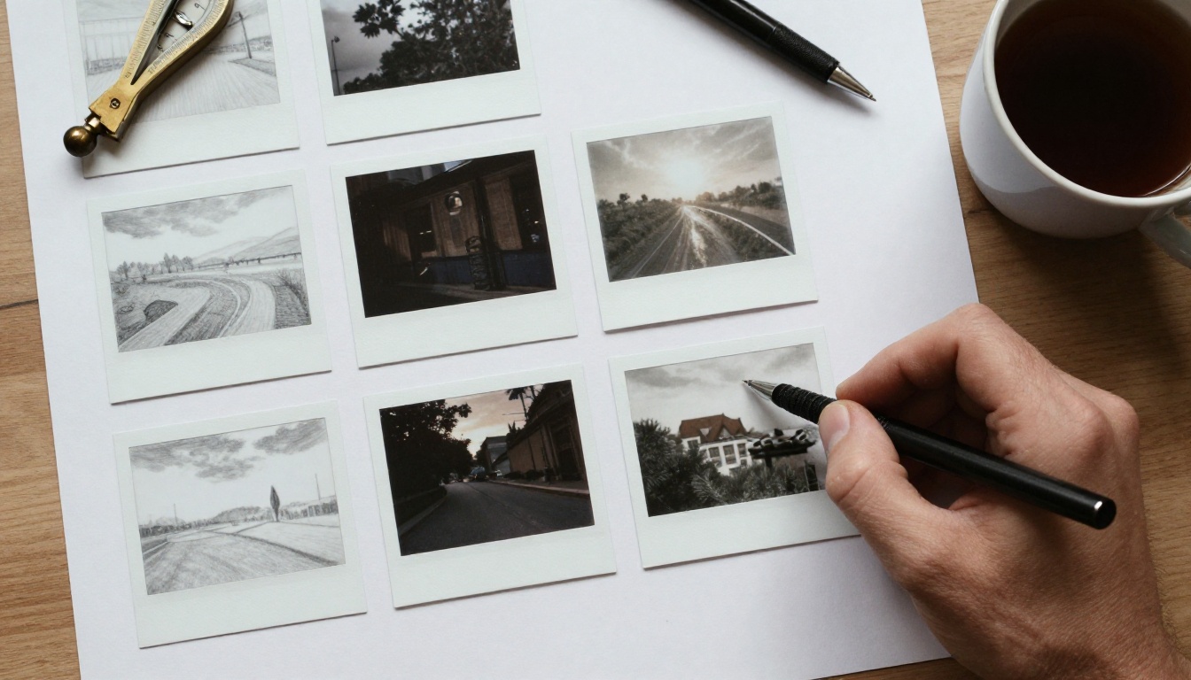 Overhead view of pencil storyboard cards, photographs and a cup of tea on a planning desk