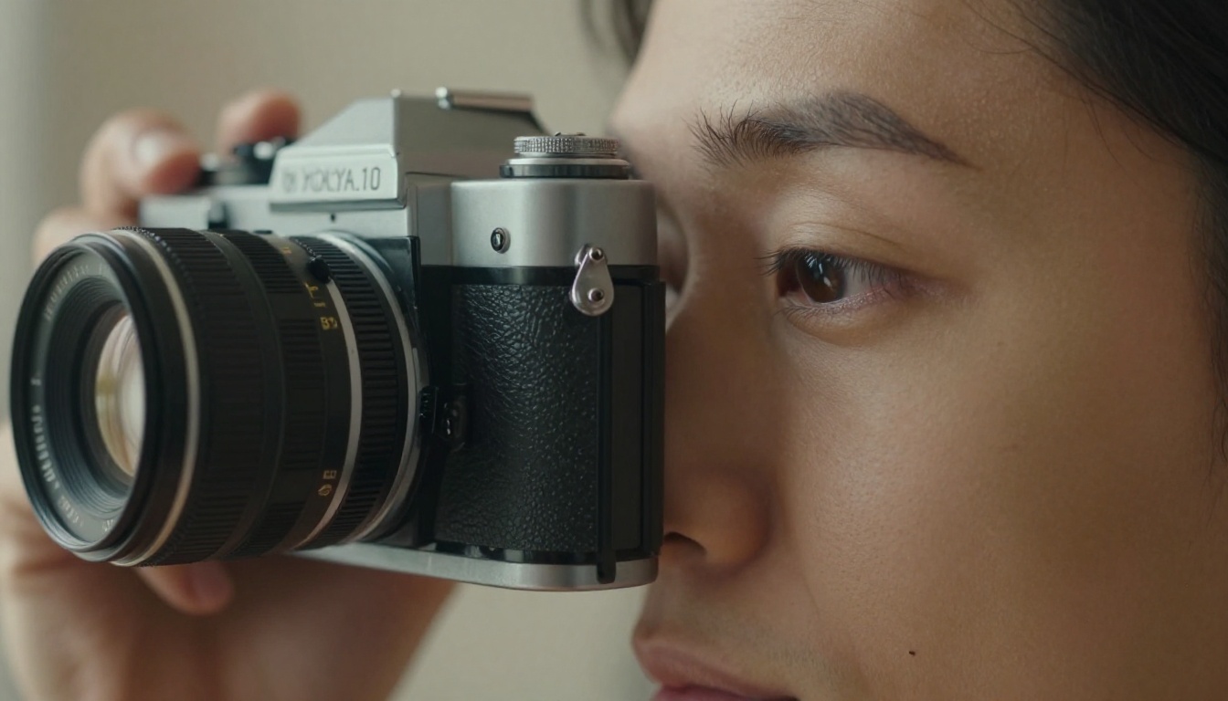 Close-up of a cinematographer's eye at a film camera viewfinder, framing one precise shot