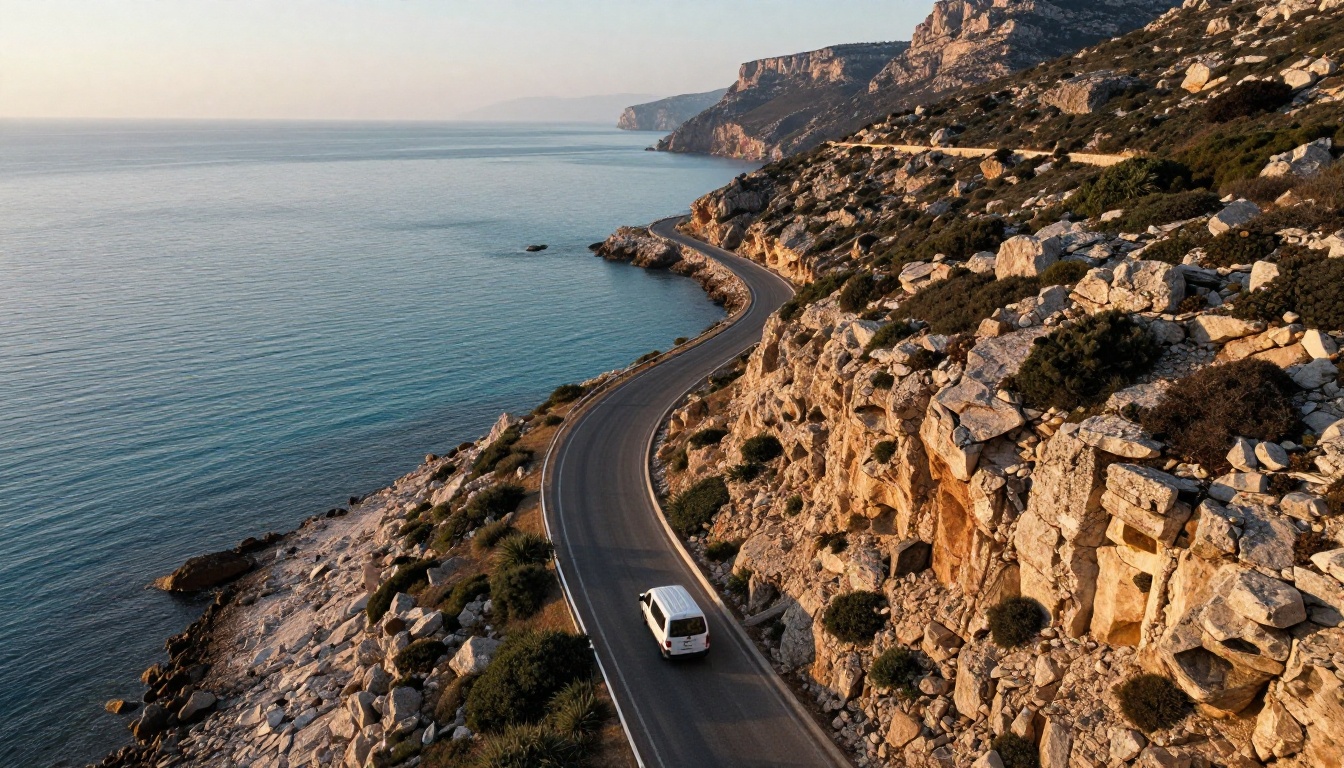 Aerial view of a coastal road along limestone cliffs at golden hour, a strong start frame for image-to-video