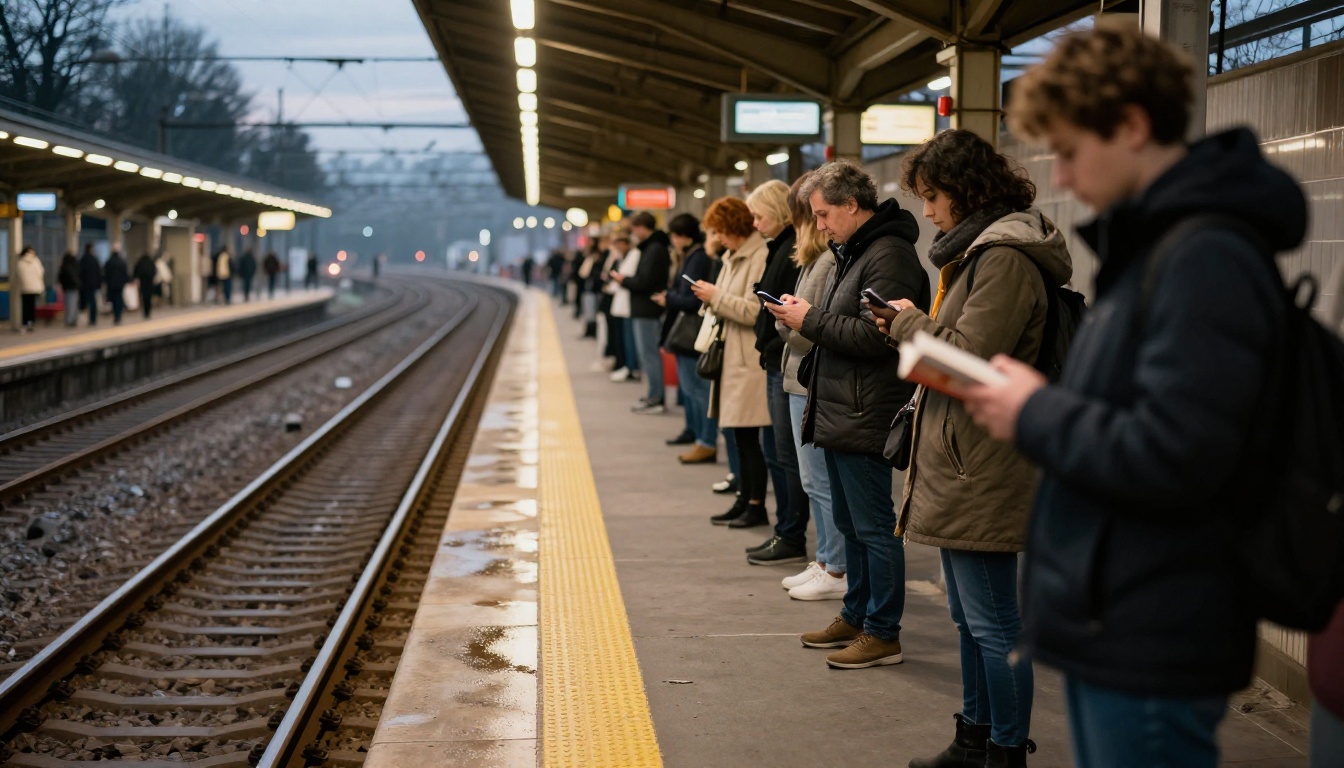Commuters waiting patiently in a long line on a train platform, like the free generation queue