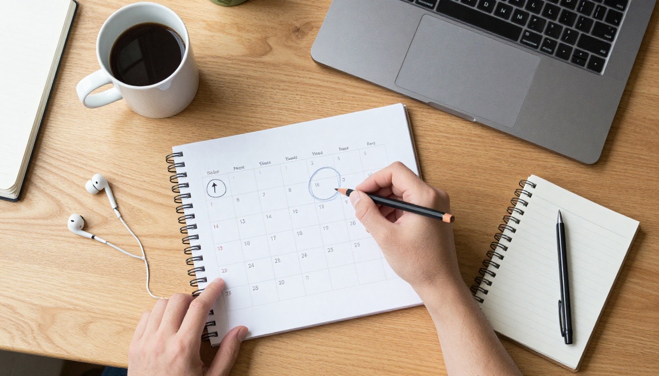 A paper calendar with one date circled beside a notebook and coffee on an oak desk