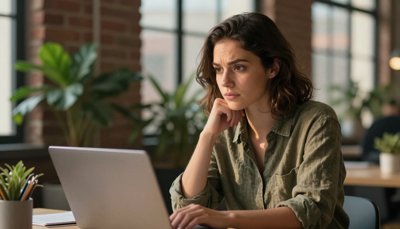 A motion designer in an olive linen shirt studies her laptop at a coworking table