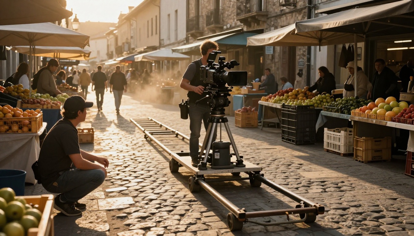 A camera operator steers a cinema camera on a dolly track through a sunlit street market