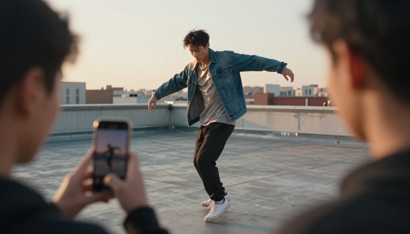 A street dancer caught mid-step on a rooftop while a friend films the move on a smartphone
