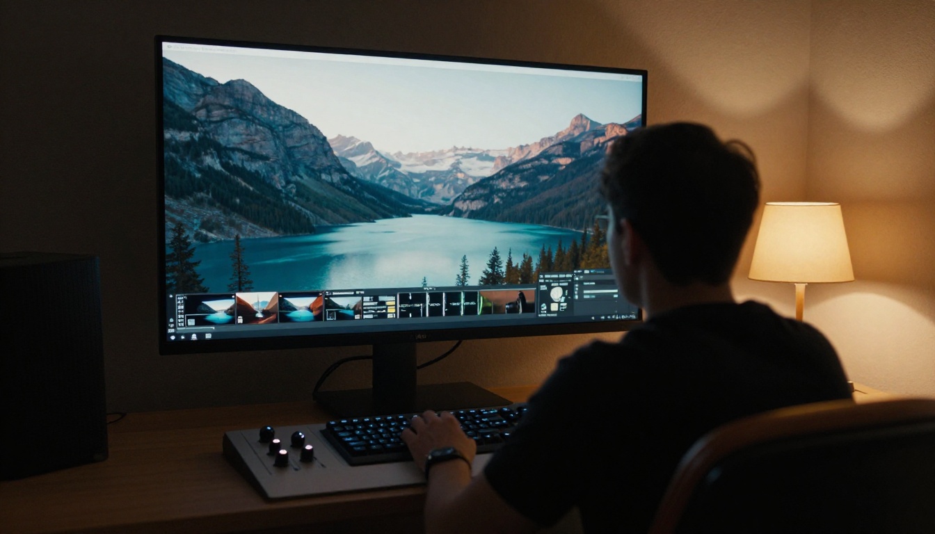A colorist seen from behind works at a grading panel in front of an ultrawide monitor
