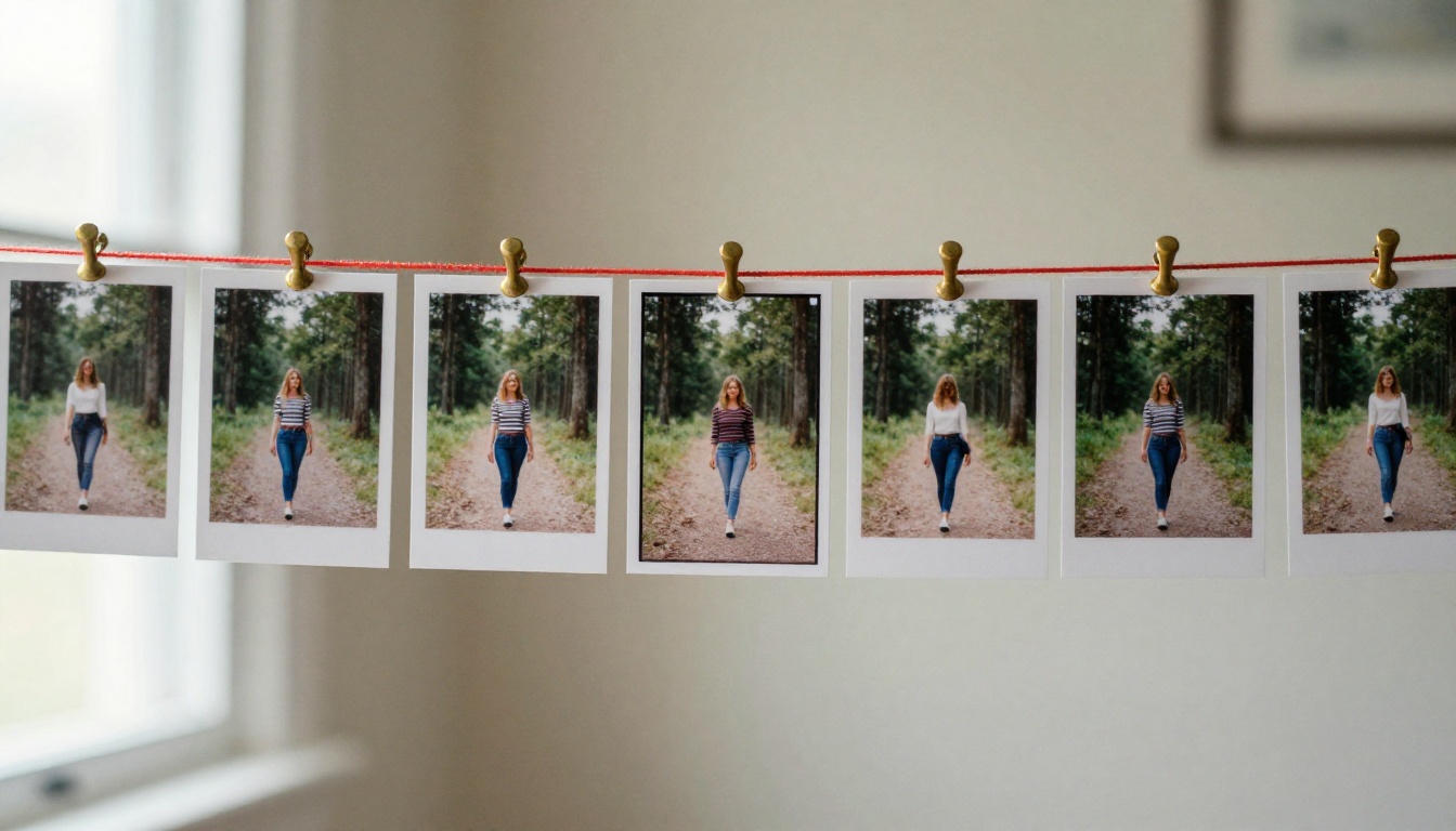 Ten printed film stills pinned in a row on a cork board and linked by red thread