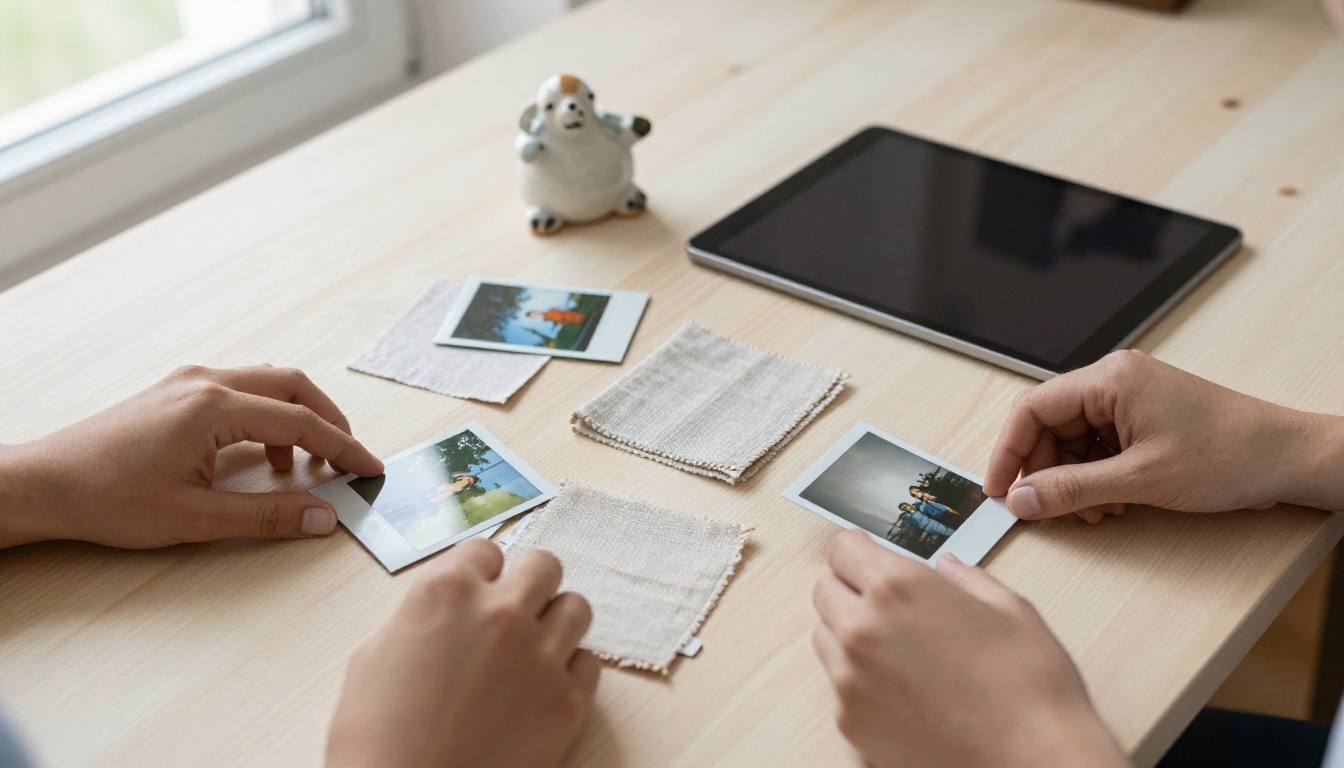 Hands arrange instant photos and fabric swatches into a mood board on a pale wooden table