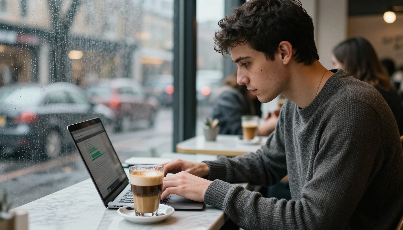 A creator at a cafe table watching a progress bar on a laptop while a flat white cools beside the trackpad