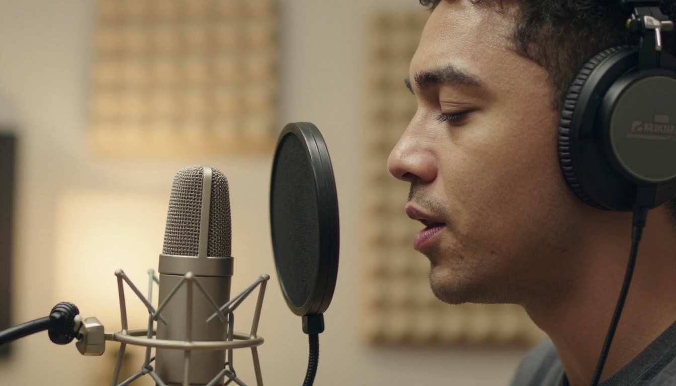 A voice actor in profile speaks into a condenser microphone inside a padded vocal booth