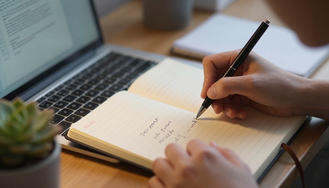 A hand writing short prompt ideas in a notebook beside an open laptop