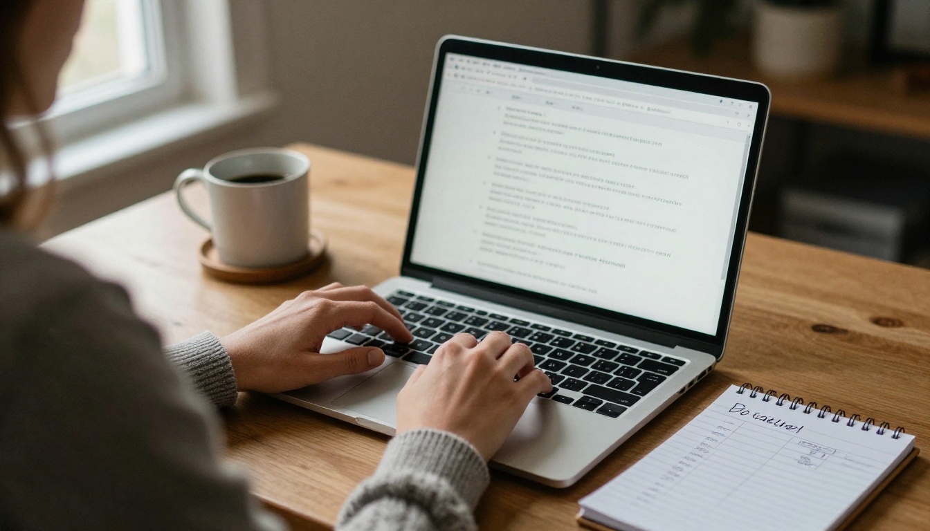 A content creator types a detailed prompt on a laptop beside a hand-drawn shot list