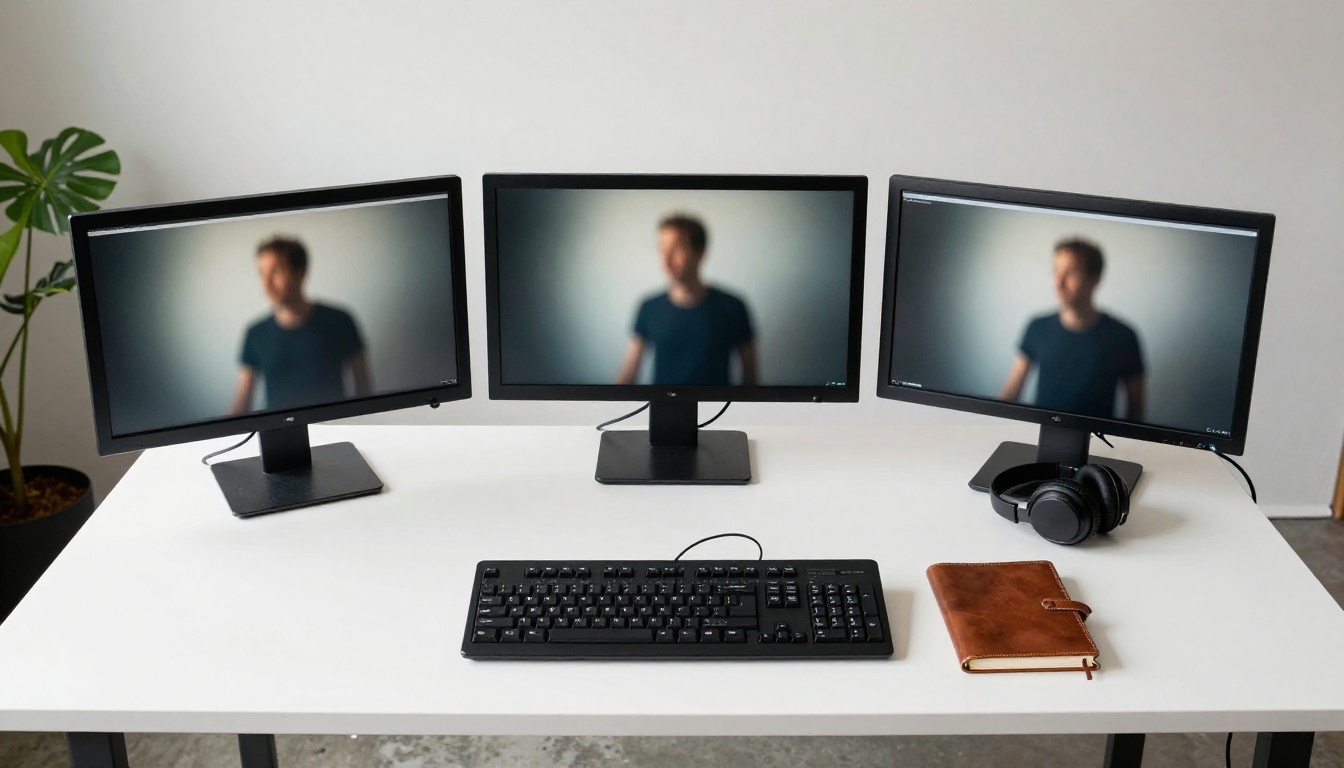 Three monitors in a row, each paused on a different portrait of a person in motion