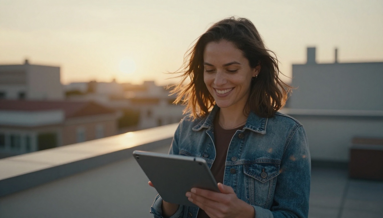A smiling filmmaker holds a tablet on a rooftop terrace at golden hour