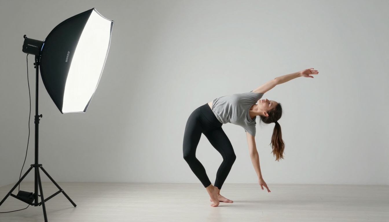 A woman in a plain white studio performing a slow controlled turn in front of a tripod-mounted camera