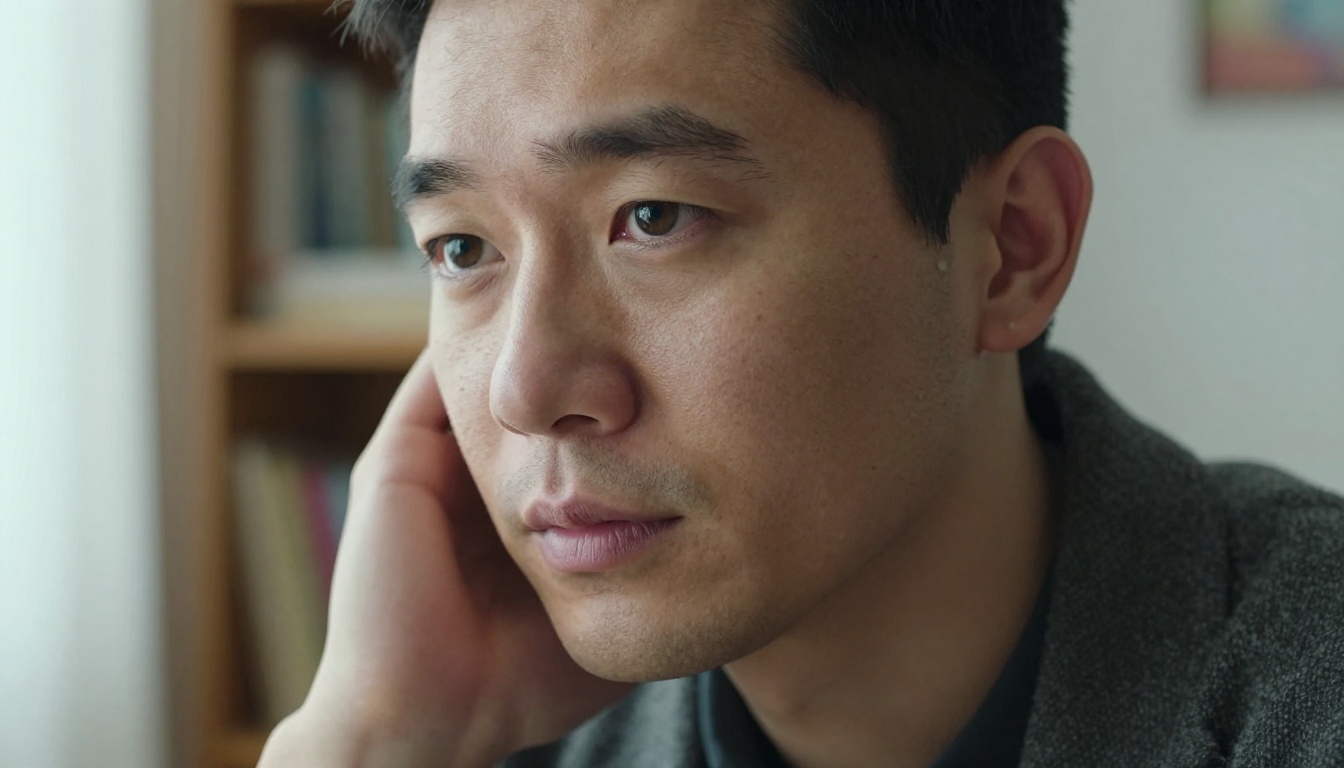 A close-up portrait of a man turning toward the camera with one hand over his jaw