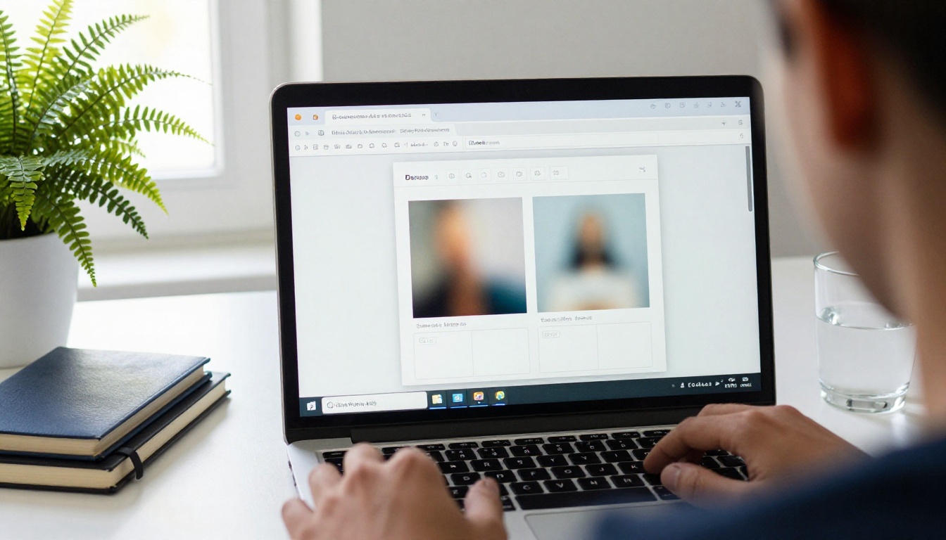 A person dragging a photo file into a browser upload area on a laptop