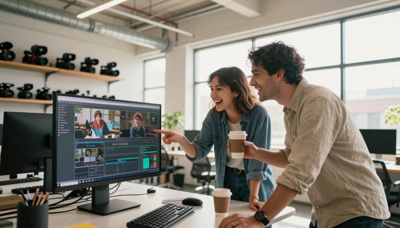 Two colleagues laughing as they watch a finished clip play on a large monitor in a bright studio