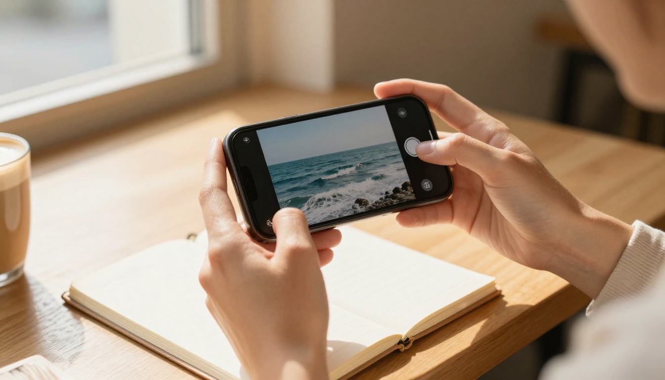 Hands holding a phone that plays a short ocean wave clip at a sunlit cafe table