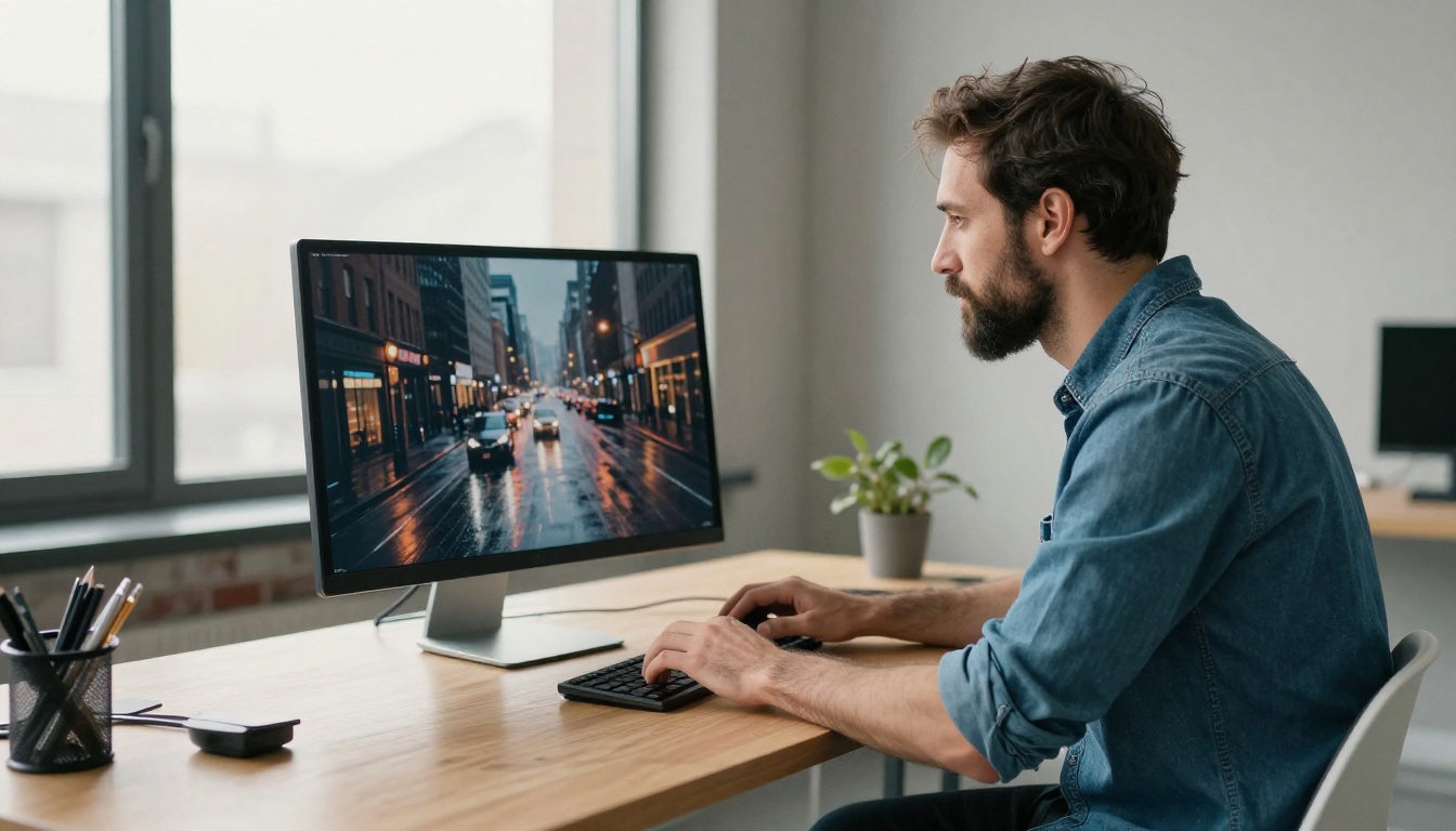 A bearded man typing a prompt at a standing desk in a bright loft studio