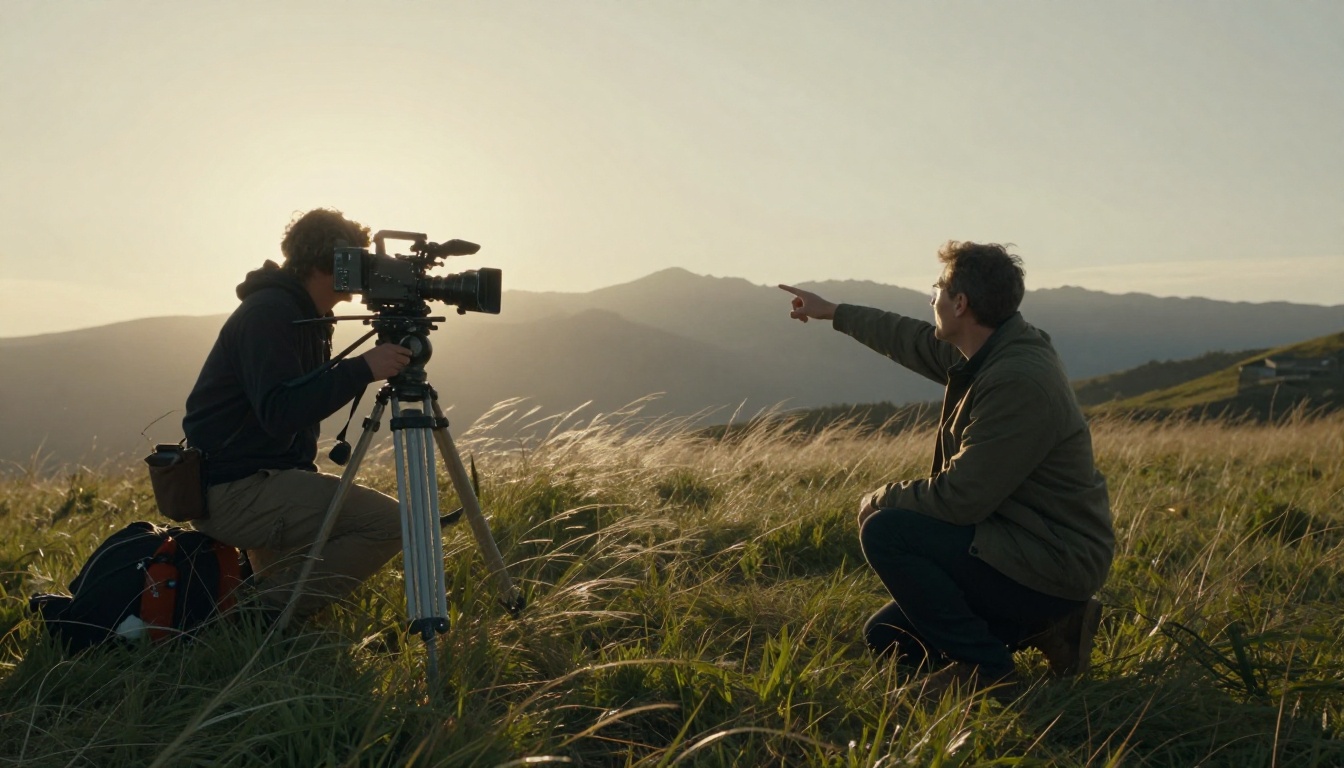 A small film crew working on a grassy hillside at golden hour