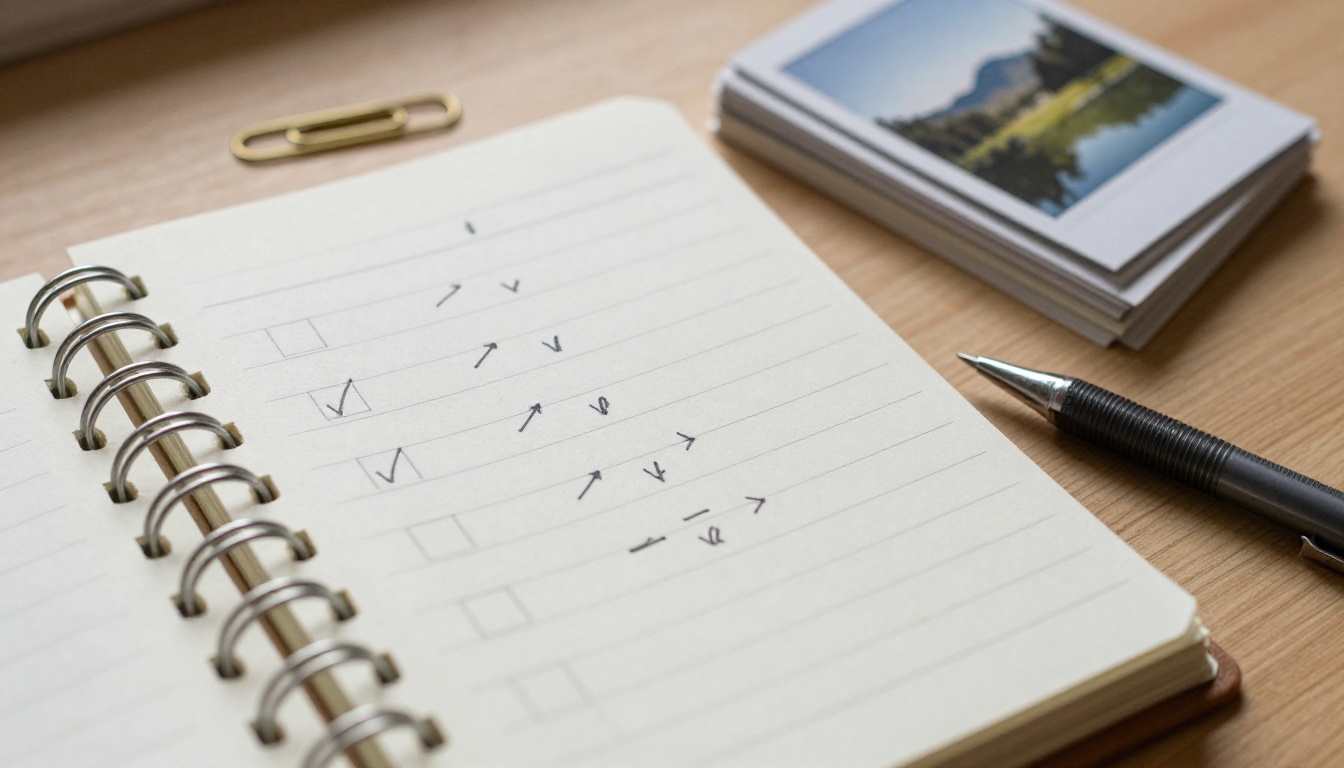 A handwritten comparison chart in a notebook beside printed still frames on an oak table