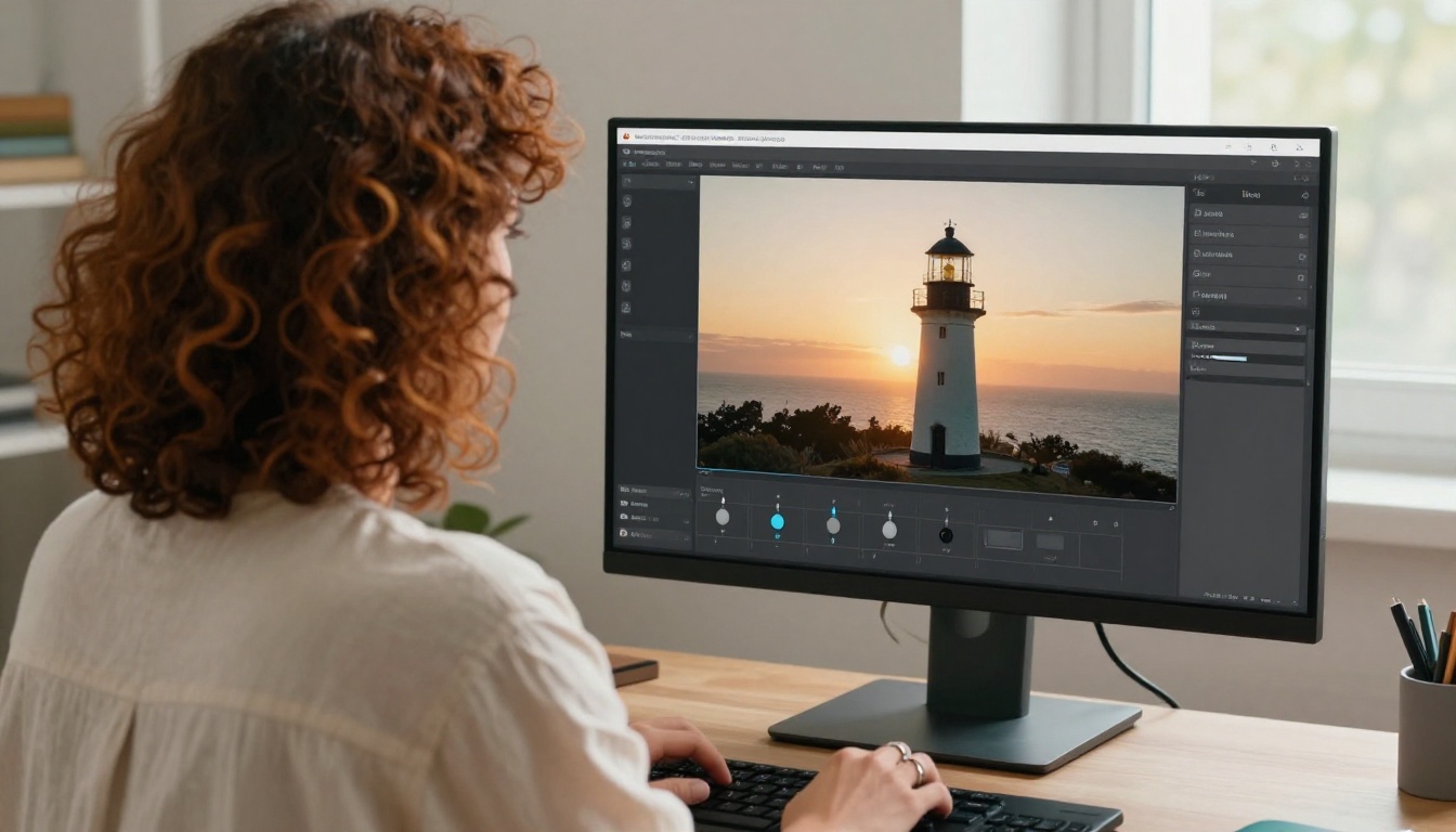 Over-the-shoulder view of a woman adjusting video settings on a large monitor