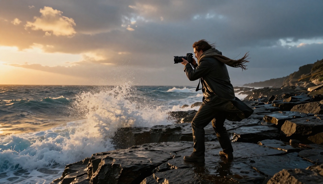 A lone photographer aiming a camera at crashing waves on a rocky coast at dawn