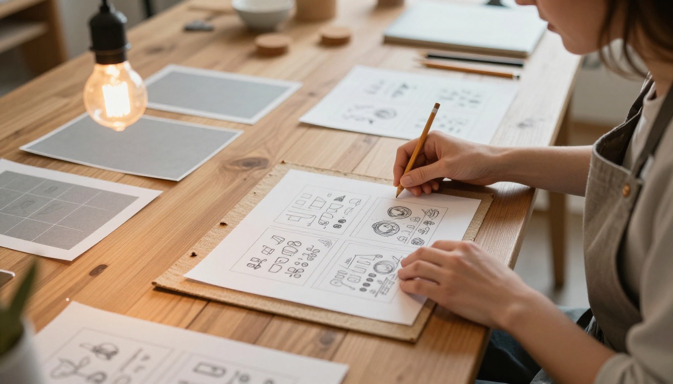 A woman in a canvas apron arranging printed storyboards on a long wooden table