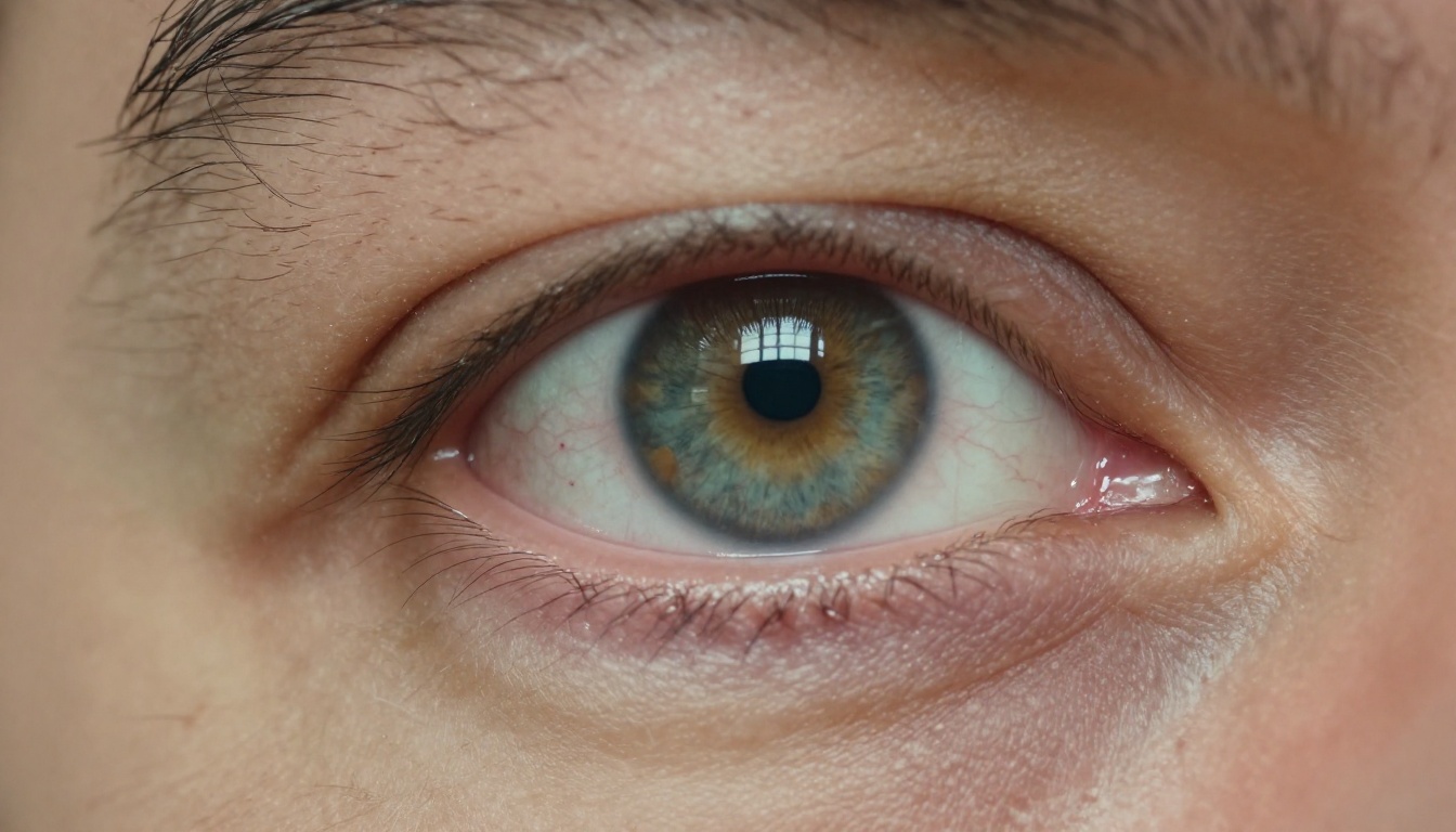 Extreme macro close-up of a human eye showing iris fibers, tear film and skin pores