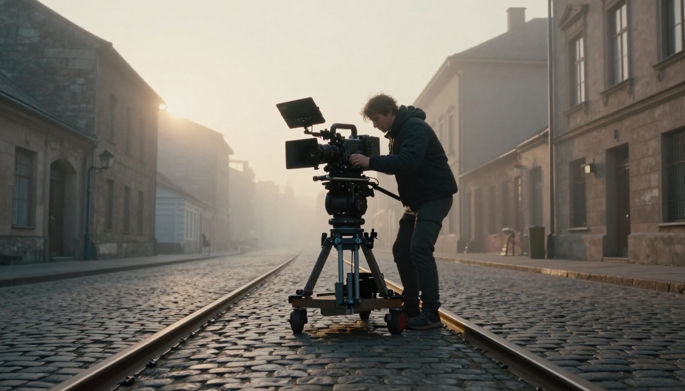 Low-angle view of a cinema camera on a wooden dolly track in an empty cobblestone street at dawn