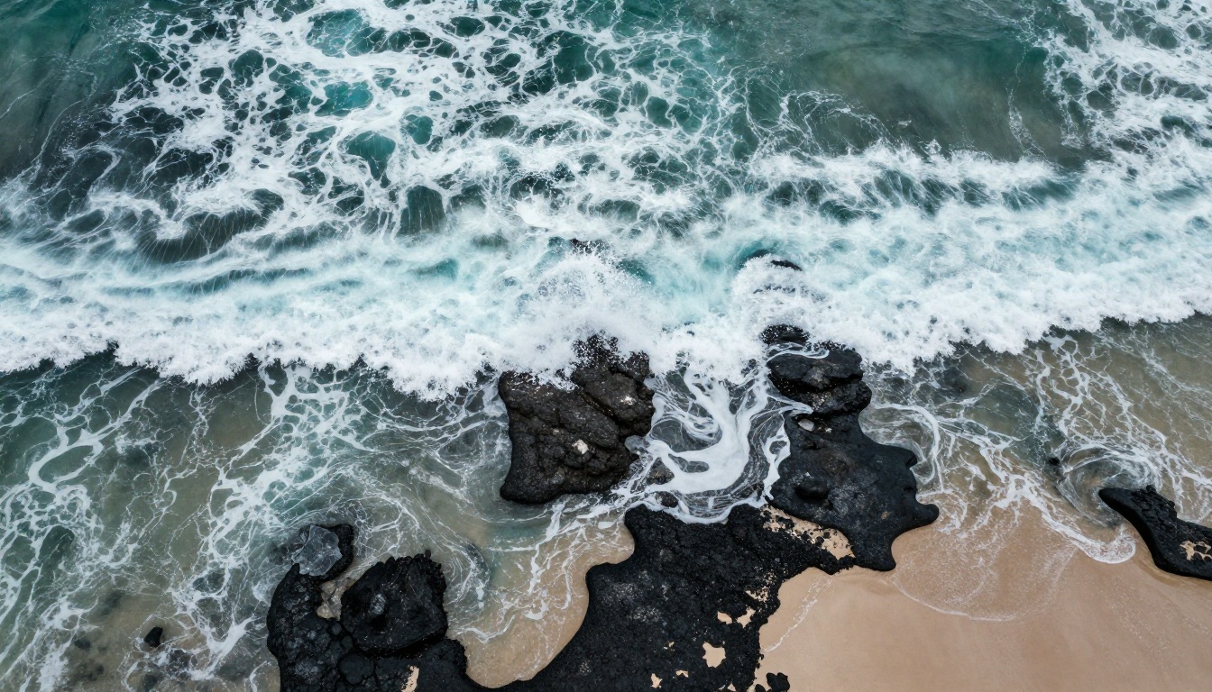 Aerial view of turquoise waves breaking over dark volcanic rocks