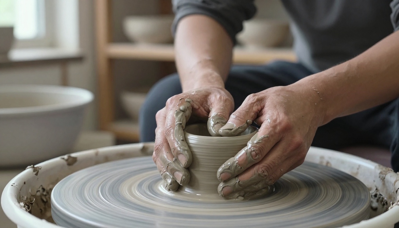 Close-up of a potter's hands shaping wet grey clay on a spinning wheel