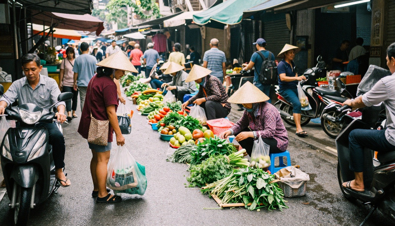 Busy outdoor morning market with vendors and shoppers, each face distinct