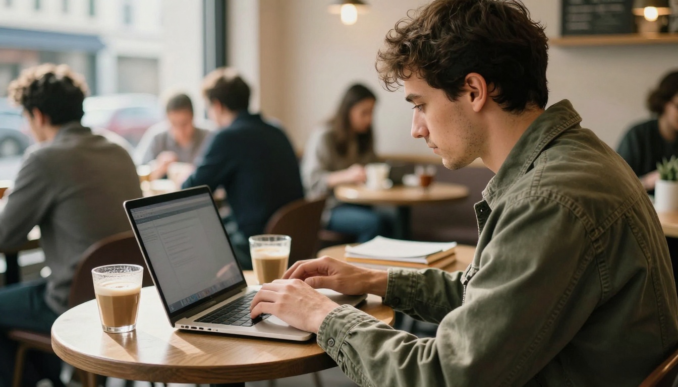 Over-the-shoulder view of a man typing on a laptop at a sunlit cafe window table