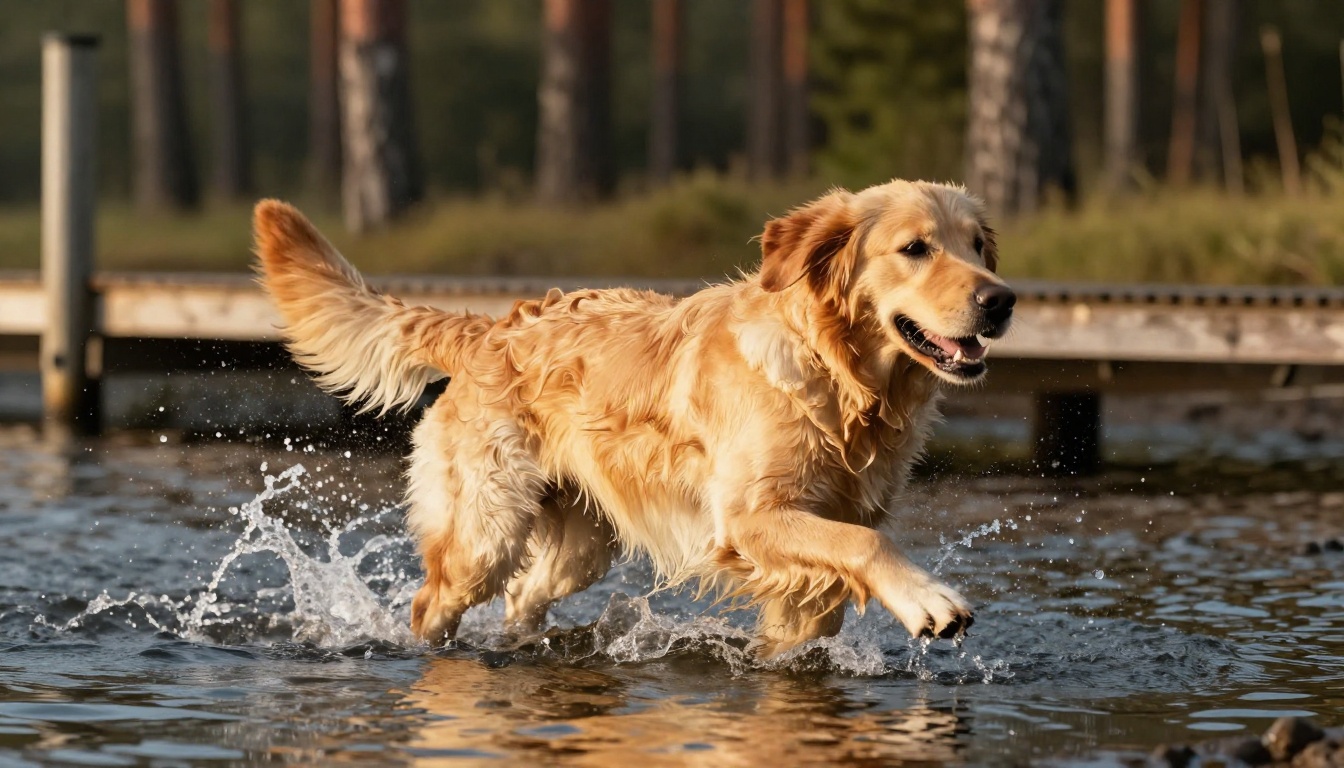 Golden retriever sprinting through shallow lake water at golden hour