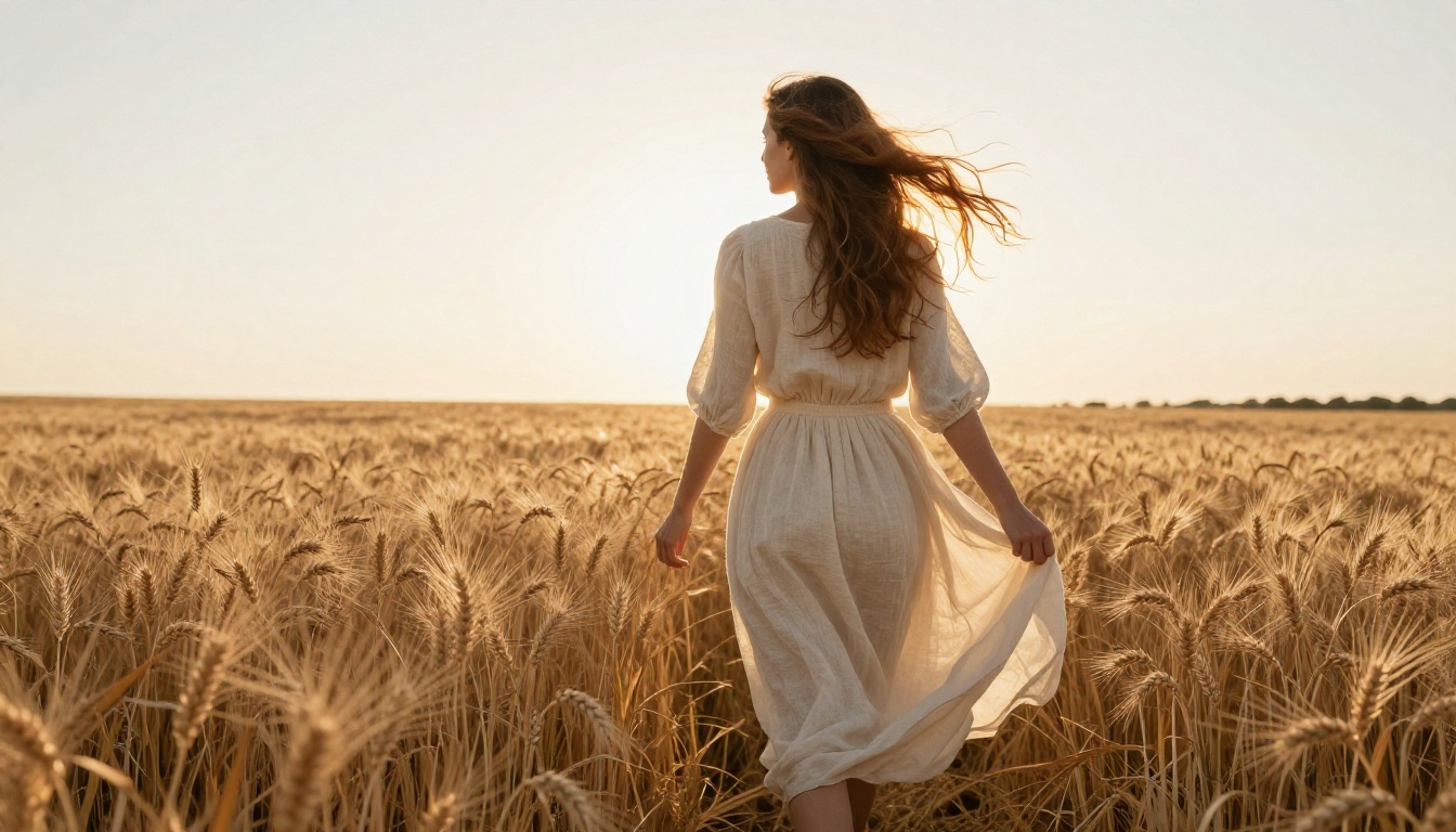 Woman in a cream linen dress walking through a wheat field with fabric and hair moving in the breeze