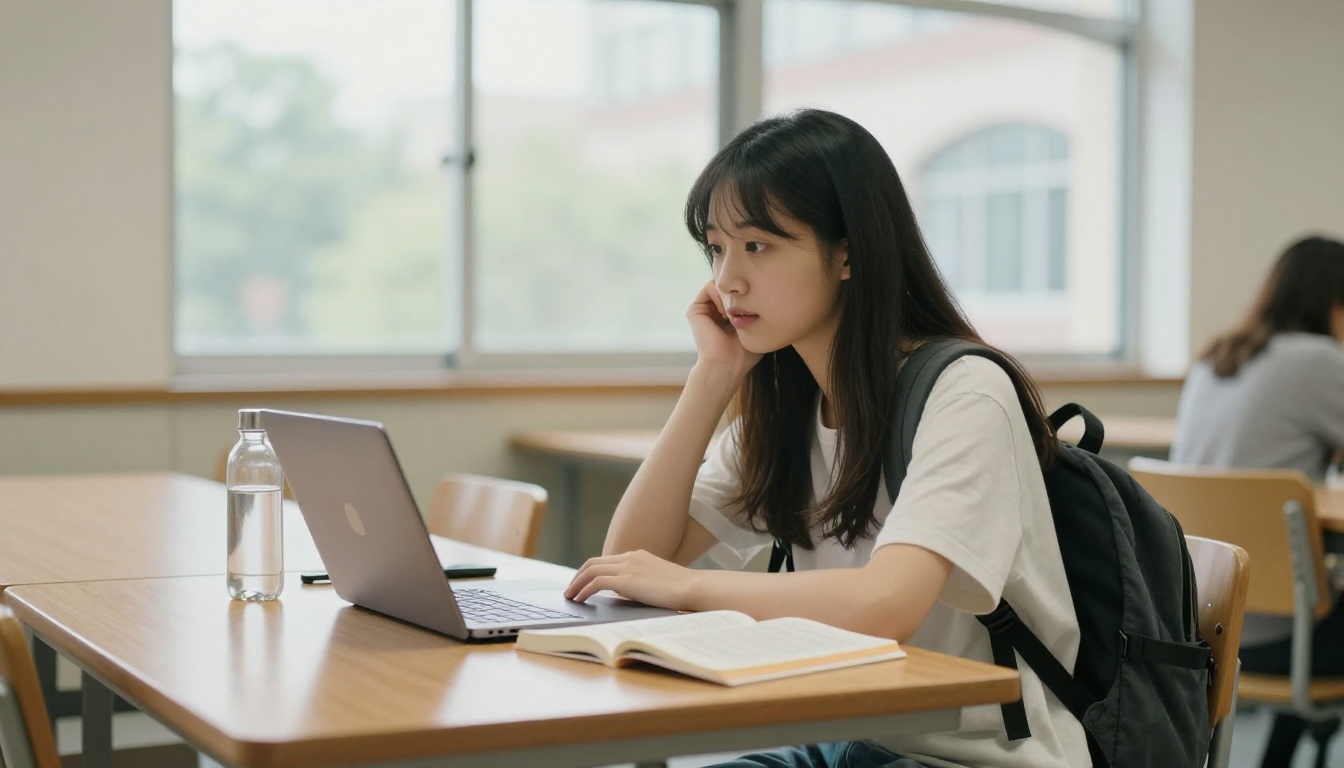 Student working on a laptop at a long table in a bright campus library
