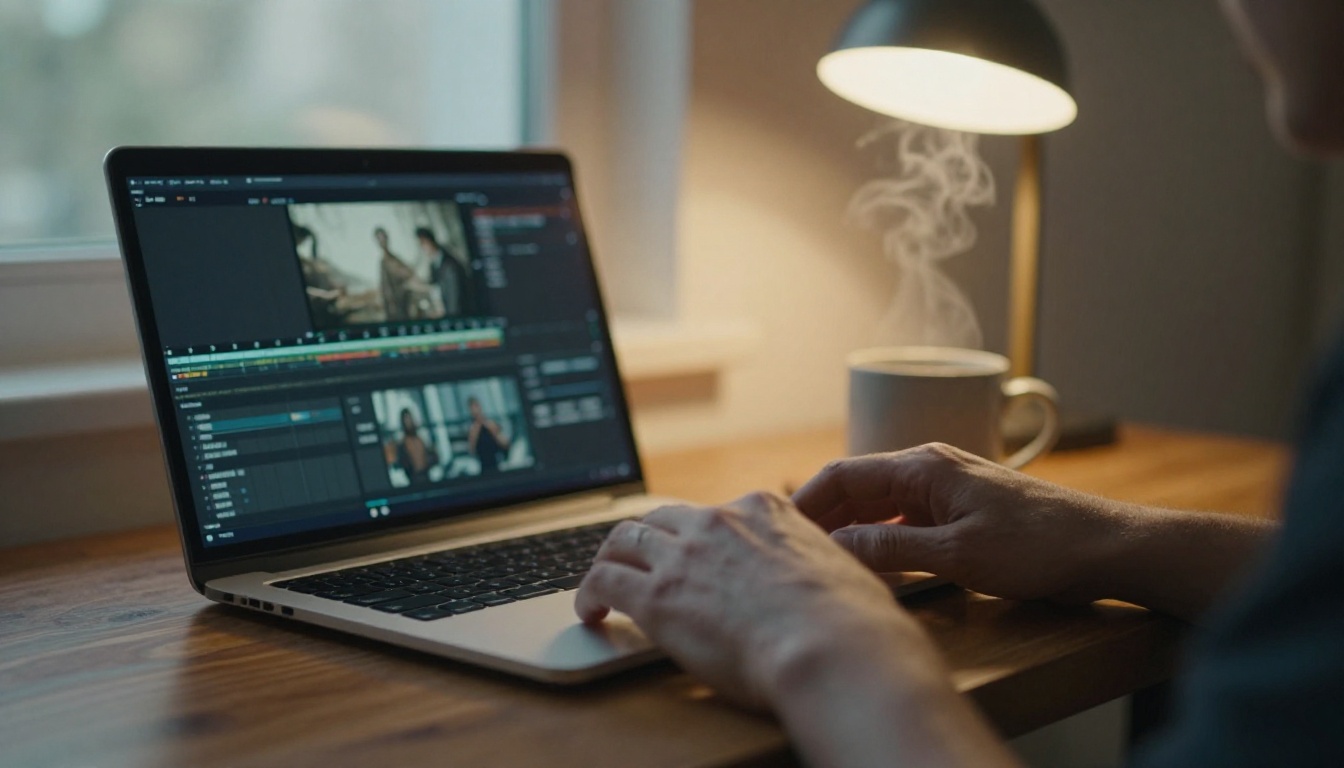 A video editor's hands resting on a walnut desk beside a laptop showing a blurred timeline